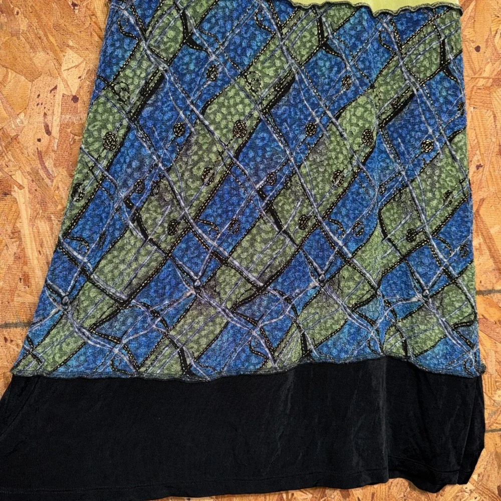 VTG Y2K Original Maxi Tank Dress Green‎ Checkered Colorblock Summer Vaca Artsy S